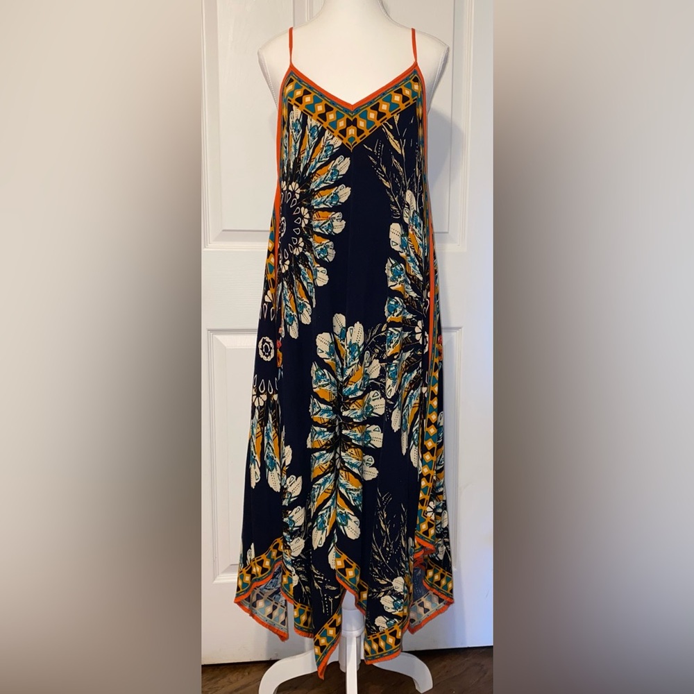 Blue and orange print dress